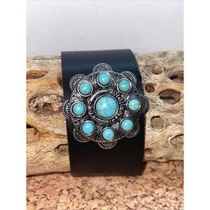 BLUE TURQUOISE SILVER BLACK Leather WESTERN SOUTHWEST BRACELET Ranch Winchester